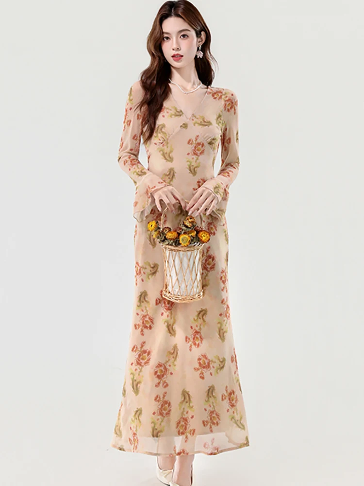 2025 Boho Floral Chiffon Long Sleeve V-Neck Dress Women Elegant Chic Ruffled Long Dress Autumn Korean Fashion Bodycon Prom Dress