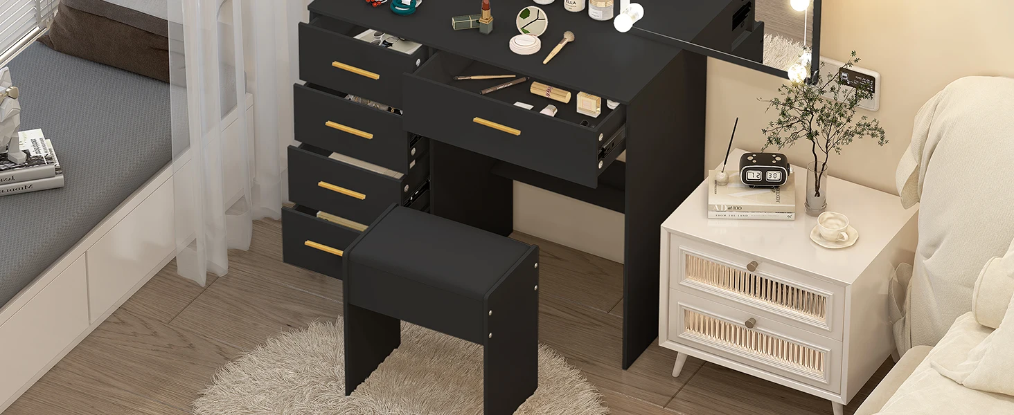 Noir-Minimalist Black Vanity Desk with 10 LED bulbs