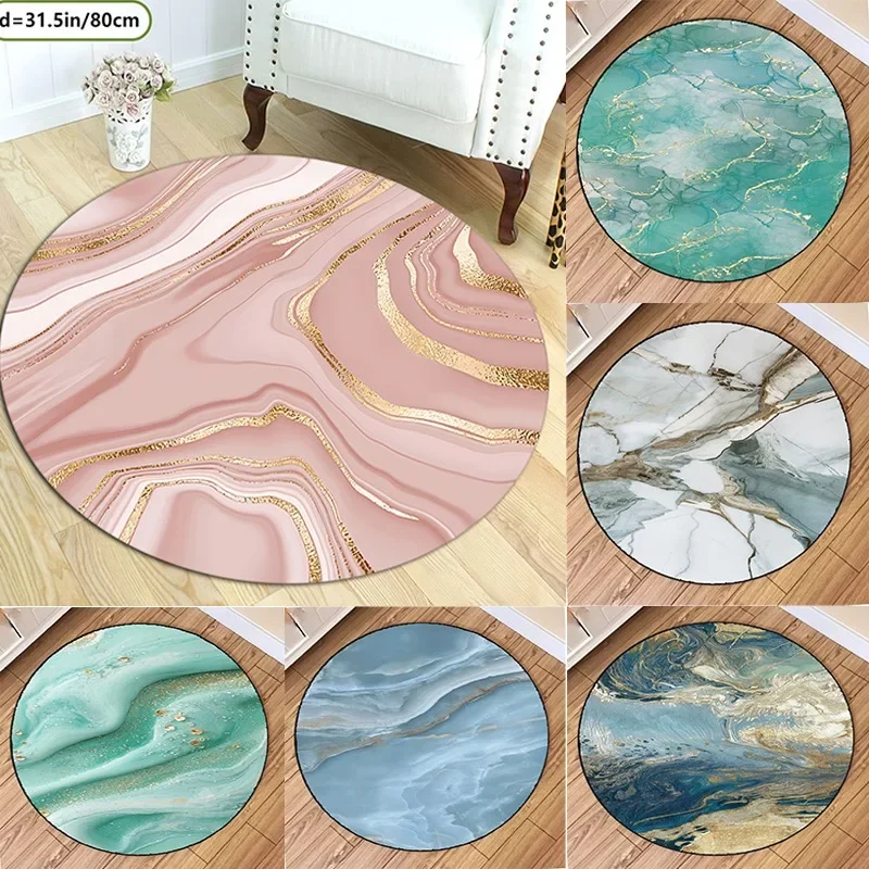 Modern Minimalist Round Rug – Pink & Golden Wavy Line Print, Stylish Home Decor for Living Room, Bedroom or Festive Display