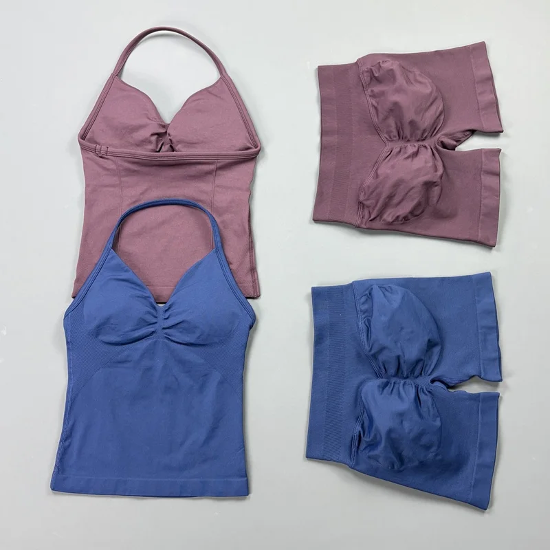2Pcs Gym Shorts Set Woman V Neck Sports Tank Top Seamless Yoga Hip Lift Short Leggings Sets Fitness Running Pilates Workout Set