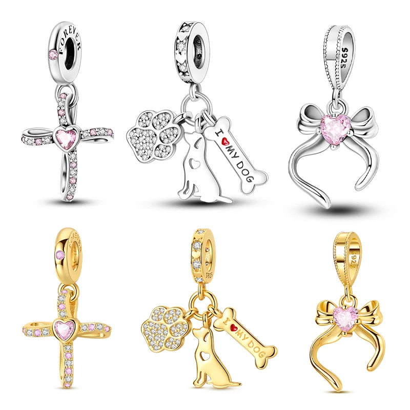 

New in Original Charms 925 Silver Two-Tone Dog Bone Paw Print Charms Beads Fits 3mm Original Bracelet For Women DIY Jewelry Gift