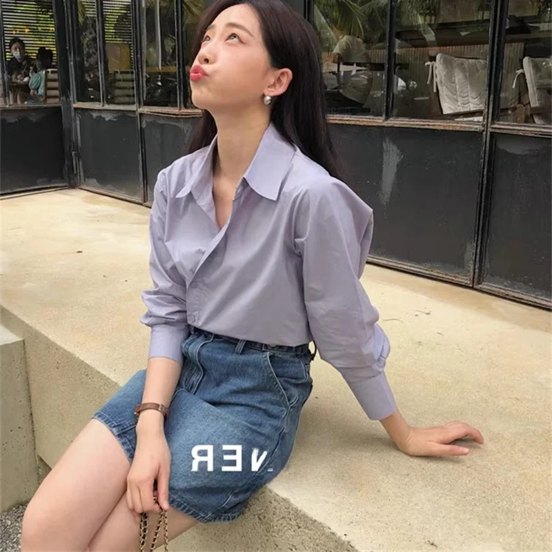 

Retro Purple Design Sense Commute Sle Long Sve Women's irt Spring Faion Pure Cotton Collar Button up Top