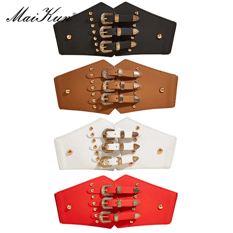 Maikun Vintage Carved Buckle Women's Belt Fashion Rivet Snap Button Elastic Wide Belt