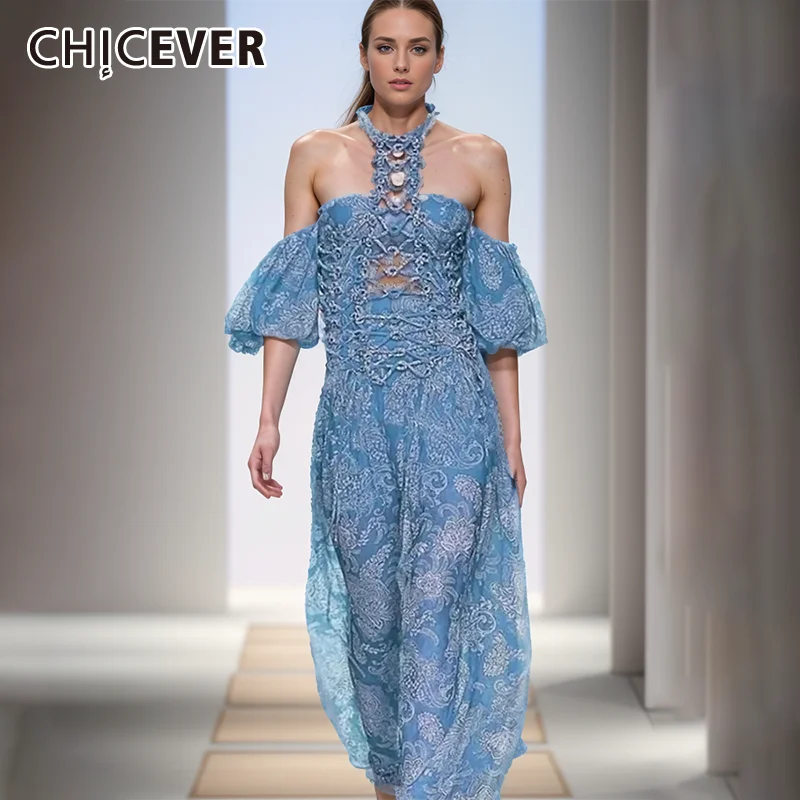 

CHICEVER Hollow Out Printed Dress For Women Halter Collar Puff Sleeve High Waist loose vintage long Dresses Female 2024 summer
