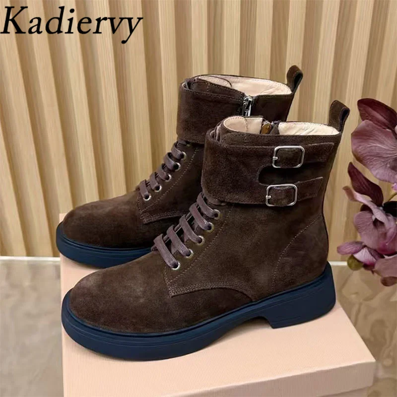 

Autumn Winter Short Boots Woman Round Toe Lace Up Suede Leather Flat Shoes Woman Metal Belt Buckle Motorcycle Boots Women