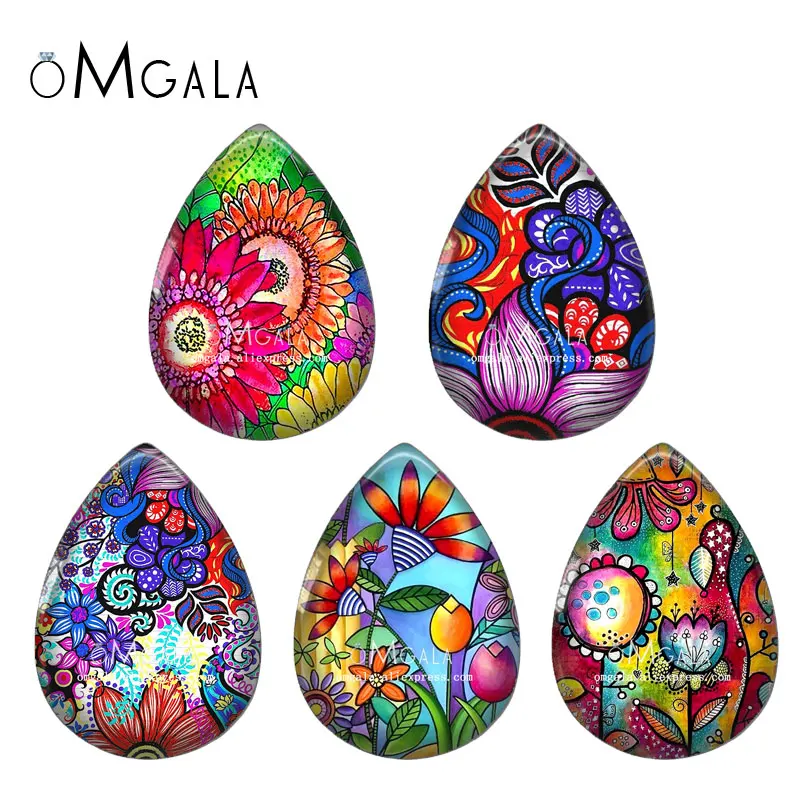 5pairs Colorful Flower Art Paintings 13x18/18x25mm Photo Glass Cabochon Flat Back For DIY Earrings Jewelry Making Findings