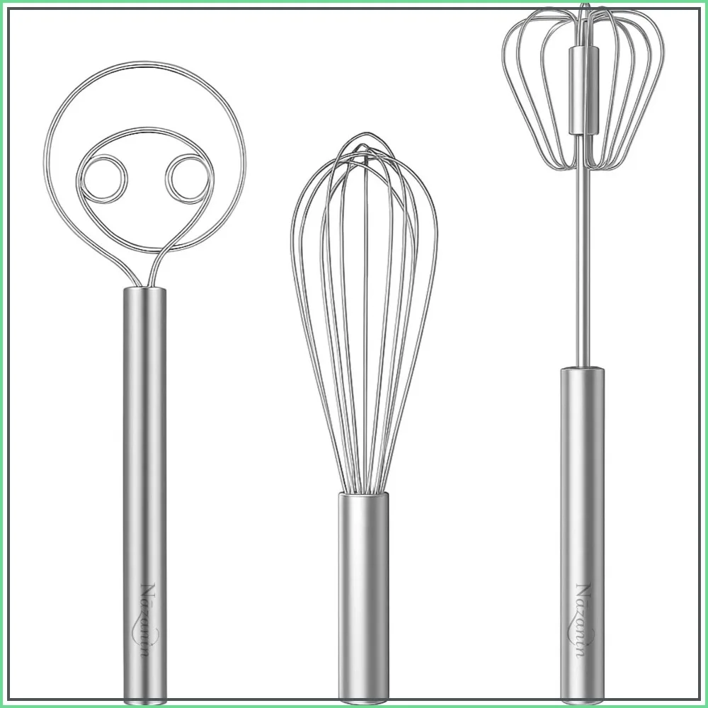 

3-Piece Whisk Set with Danish Dough Whisk, Push Egg Beater & Balloon Whisk for Baking and Bread Making