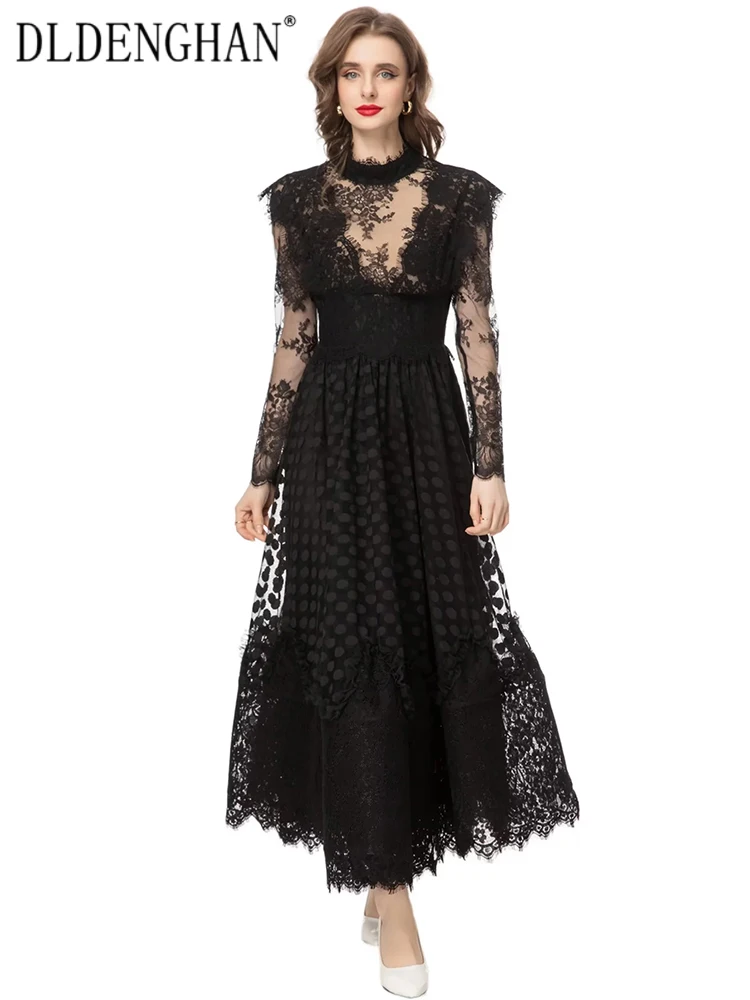 

DLDENGHAN Spring Lace Dress Women Square Collar Long Sleeve Mesh Patchwork Black Vintage Party Dresses Fashion Designer New