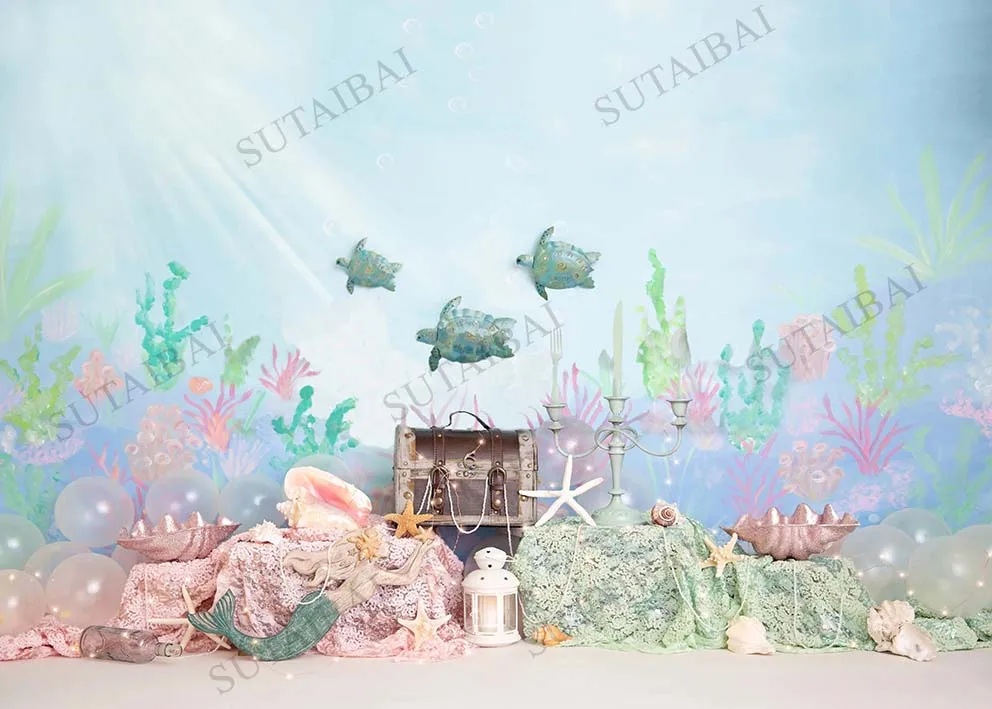 Bluey syrenka Baby Shower 1 urodziny tło do fotografii podwodnego świata portret zdjęcie tło dziecko Studio fotograficzne