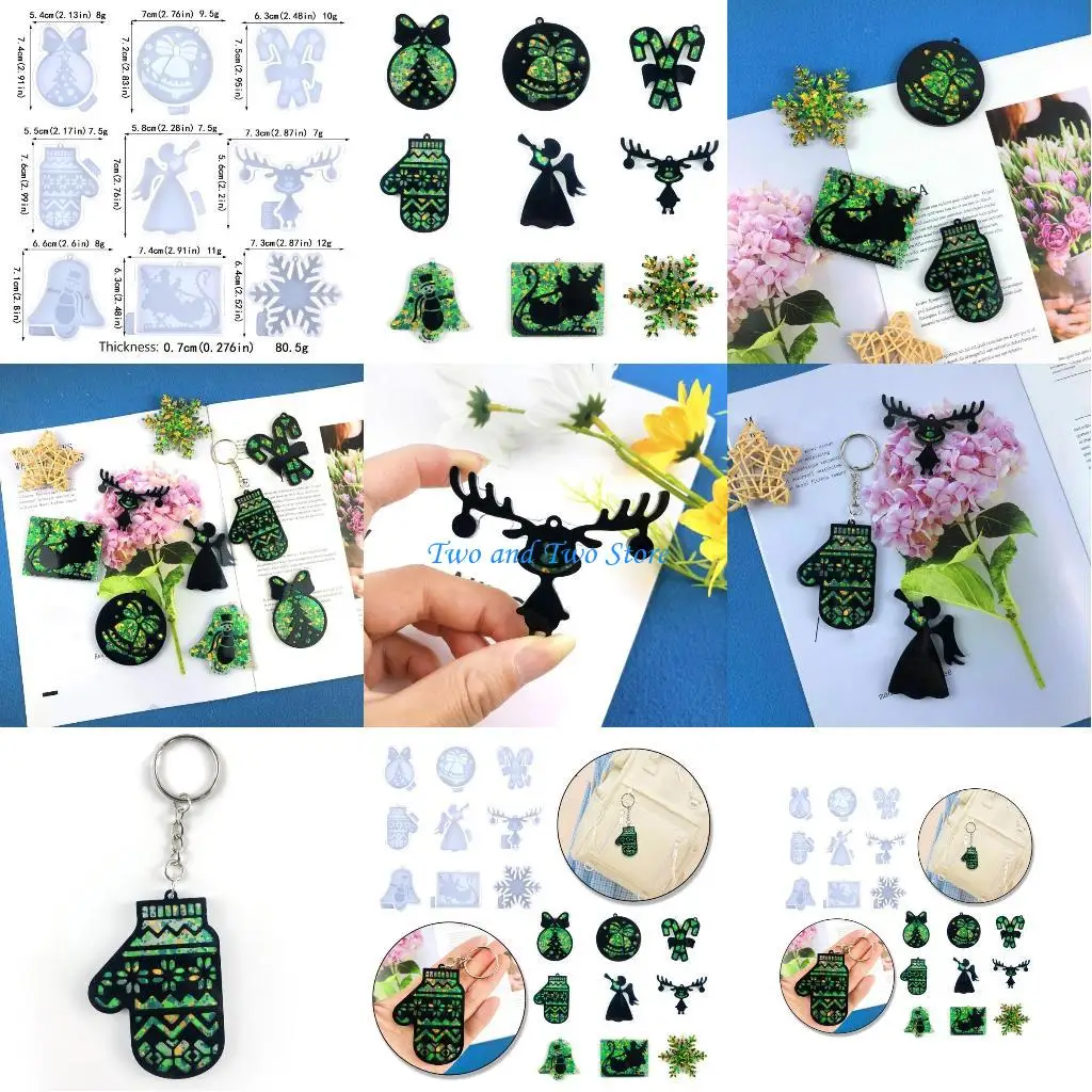 

HX6F 9 Pcs Christmas Series Keychain Mould Crystal Epoxy Silicone Pendant Mould Gift