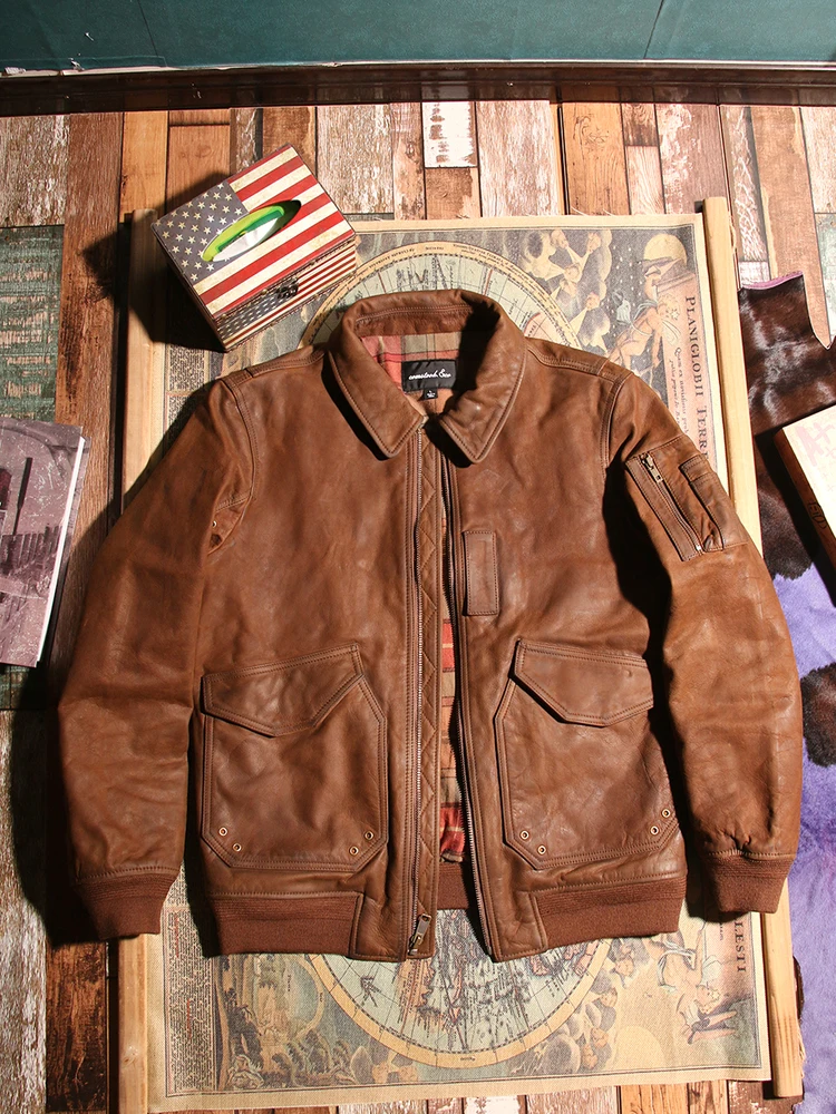 YR!Free shipping.Men Classic Air force 45P leather jacket.Vintage washed brown Pakistan cowhide coat.quality garment