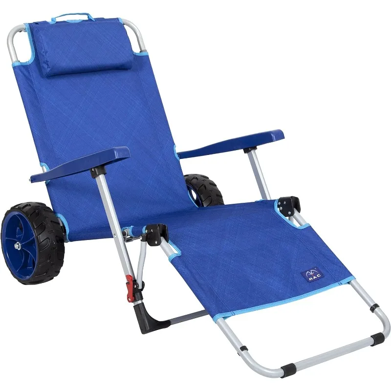 Mac Sports Beach Day Foldable Chaise Lounge Chair with Integrated Wagon Pull Cart Combination and Heavy Wheels - Perfectct for