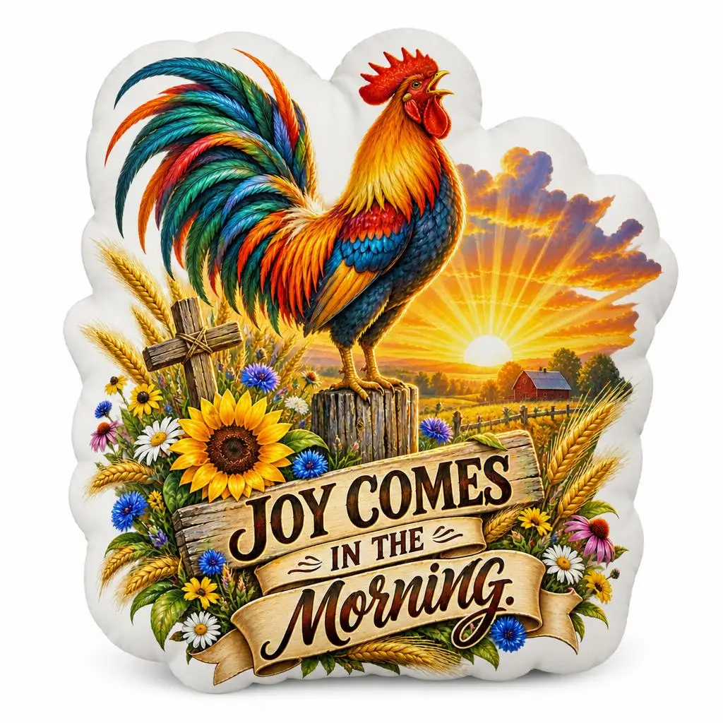 Joy Comes in the Morning Christian Rooster Throw Pillow Sunrise Cross Faith Cushion Shaped Stuffed Farmhouse Home Decor Gift