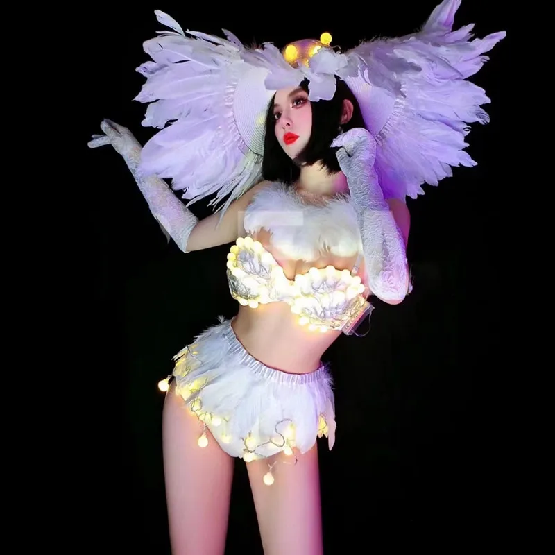 

LED Dance Costume White Feather Luminous Bikini Big Hat Leading Dancer Bar Nightclub Performance Clothes Festival Party Outfits