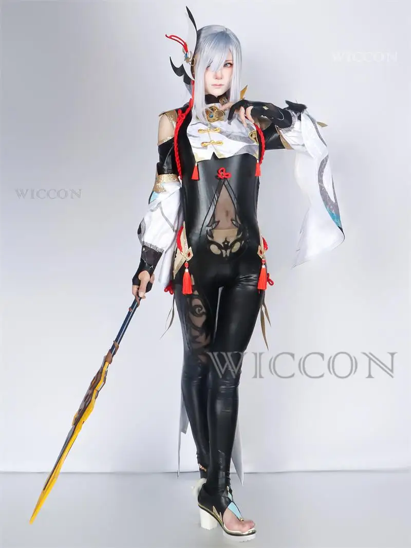 Shenhe Gioco Cosplay Genshin Impact Costume Cosplay Shen He Cosplay sexy Natale Tuta Scarpe Parrucca per donna Uomo