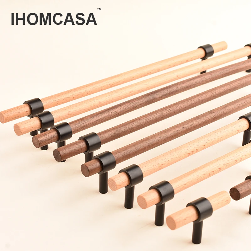 Various Sizes Black Brass Furniture Handle Beech/ Black Walnut Wooden Handles Kitchen Drawer Knobs Longer Cupboard Cabinet Pulls