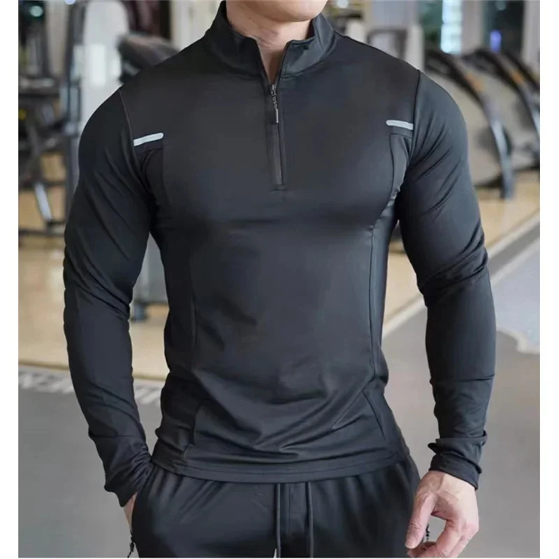 

Мужская футболка с воротником-стойкой и короткой молнией, однотонная, быстросохнущая, дышащая, для повседневного спорта, с длинным рукавом, весна-осень 2026