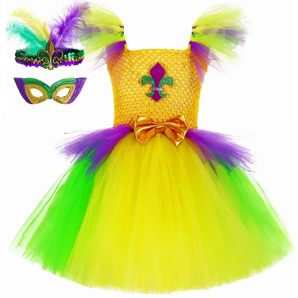 Girls Carnival Fancy Dresses Mardi Gras Costume for Kids Holiday Masquerade Ballet Tutus Outfit with Sequins Mask Hairband 1-14T