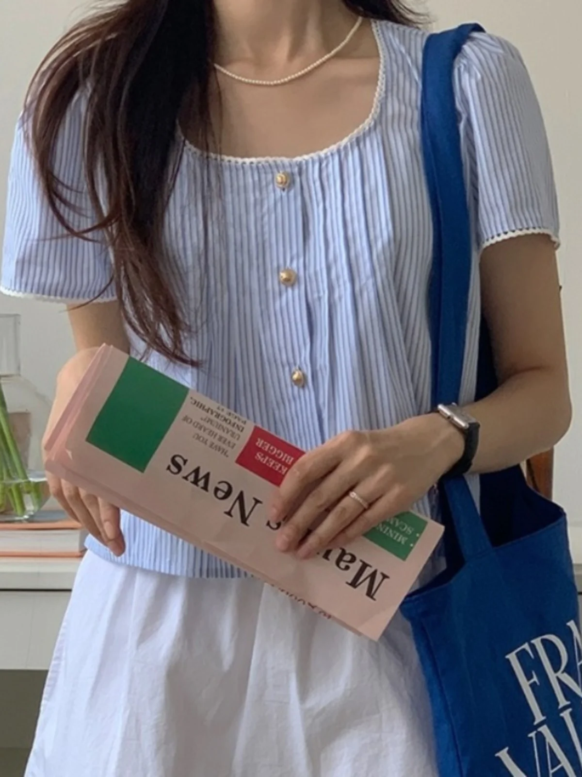 

Шикарный летний нежный сладкий синий полосатый плиссированный дизайн с рюшами в стиле пэчворк с квадратным воротником ort Sve irt, корейский хлопок 00%