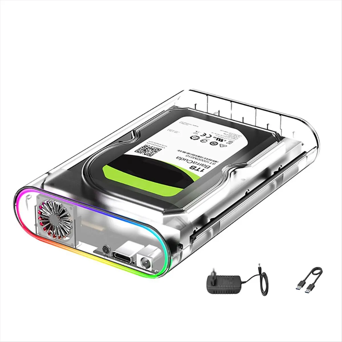 Caja HDD/SSD de 3,5 pulgadas, transparente, USB 3,0 tipo C a HDD externo, compatible con SSD de 28TB, luz colorida RGB, enchufe estadounidense