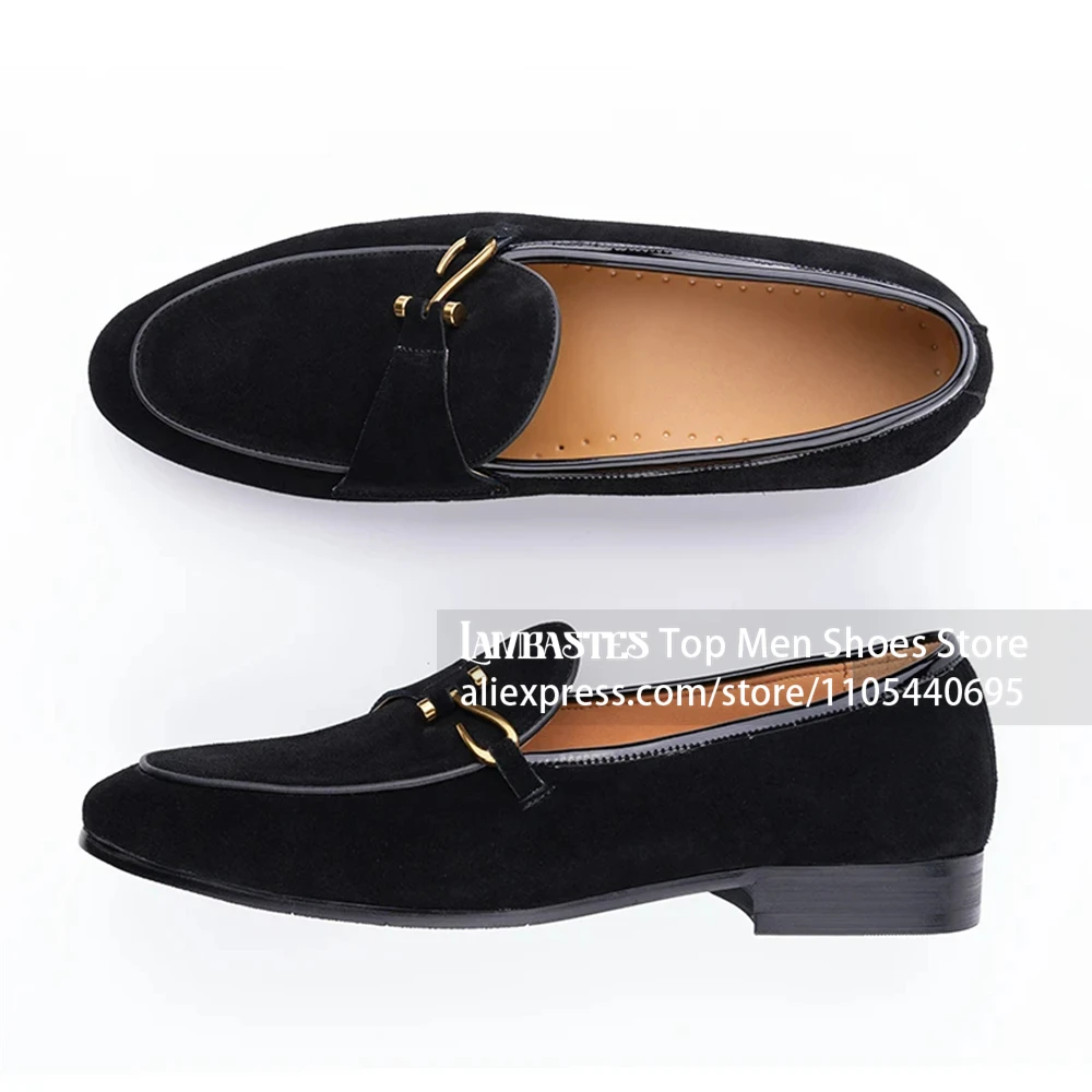 Suede Horsebit Loafers for Men Slip on Velvet Metallic Pin Buckle Casual Dress Loafers Round Toe Genuine Suede Shoes for Wedding