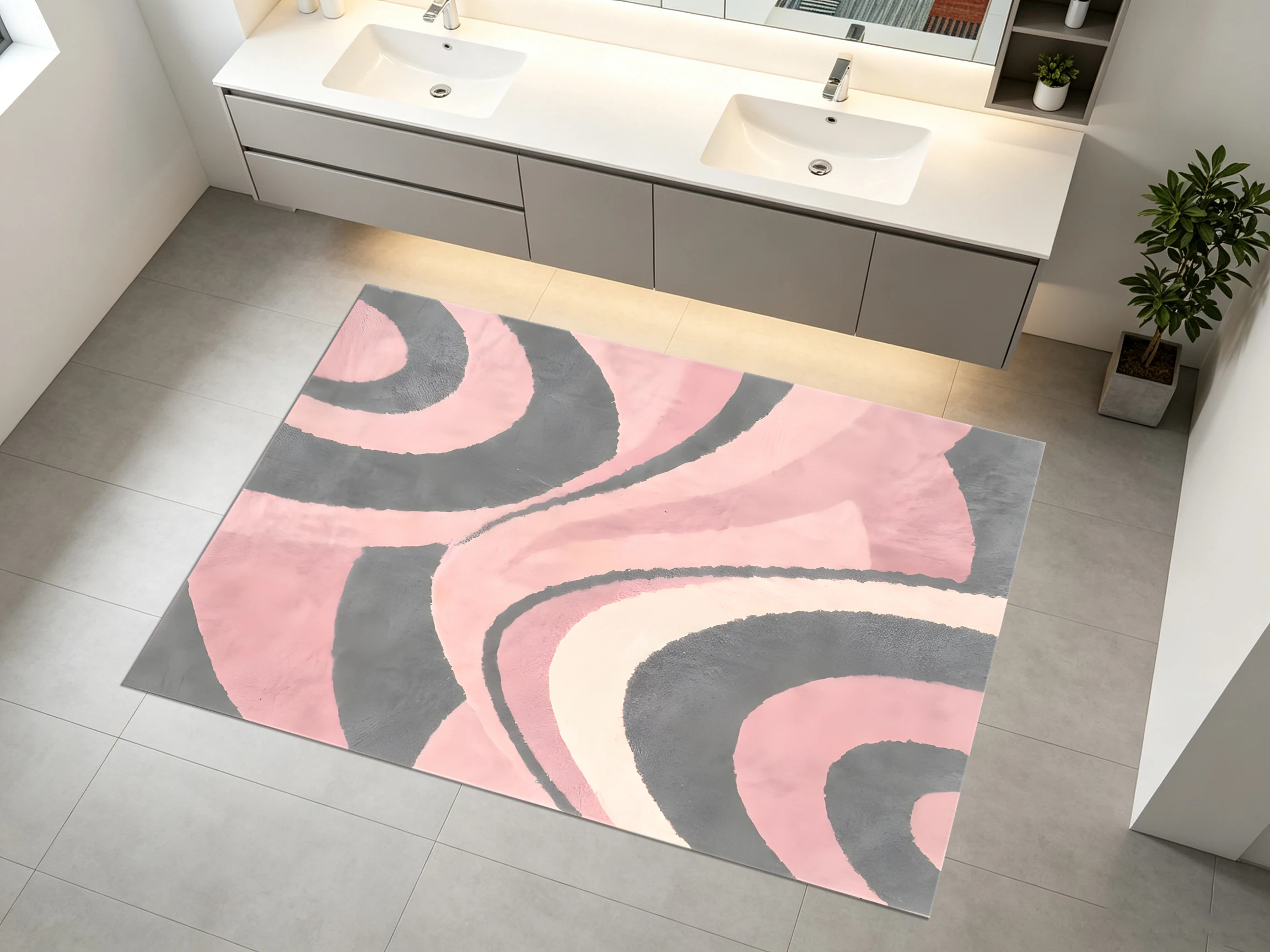 2D Large Rug in Gray-Pink Abstract Flowing Curves, Modern, Soft & Skin-Friendly, for Living Room & Bedroom, & Premium