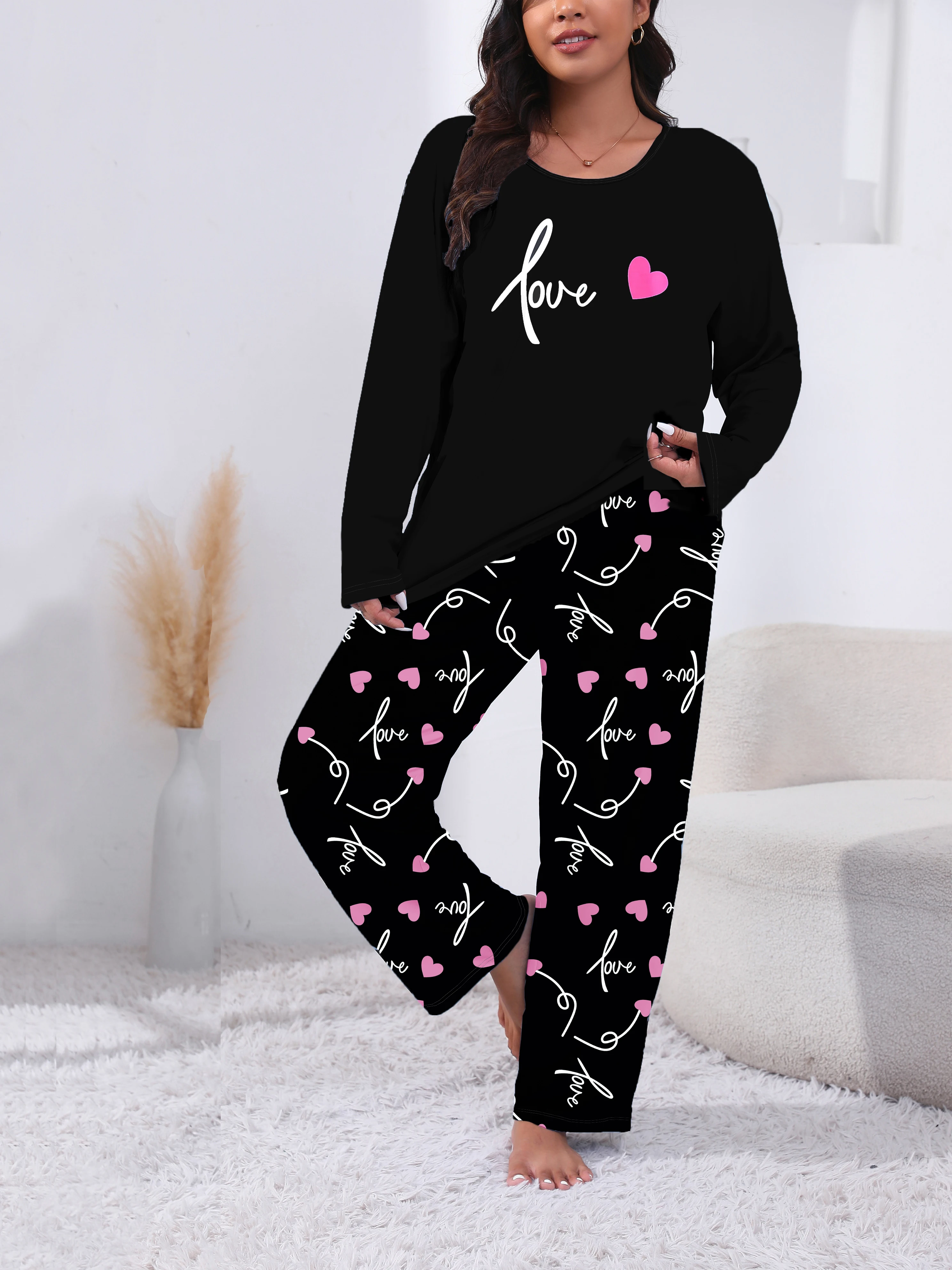 Pyjamas for Women\'s Sleepwear Long Sleeve Shirt with Pants Set &Quality Heart Print Top and Trousers  Autumn Sleepwear