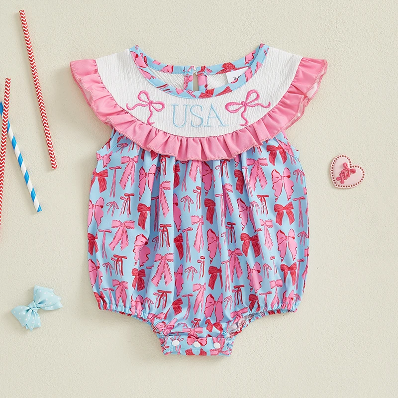 

0-18M Baby Romper Newborn Baby Girl Summer Clothes Casual Baby Bow Print Embroidery Fly Sleeves Jumpsuits Toddler Playsuit