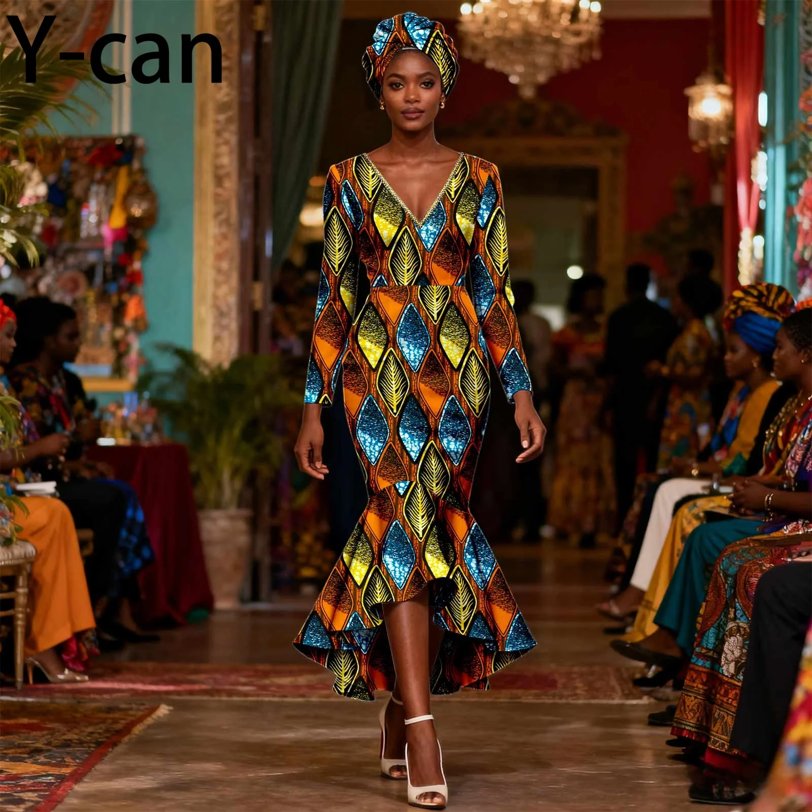 

Роскошное африканское платье для вечеринок, женское платье-миди с V-образным вырезом, длинными рукавами, в стиле дашики и анкара, с подходящим головным платком для традиционной свадьбы