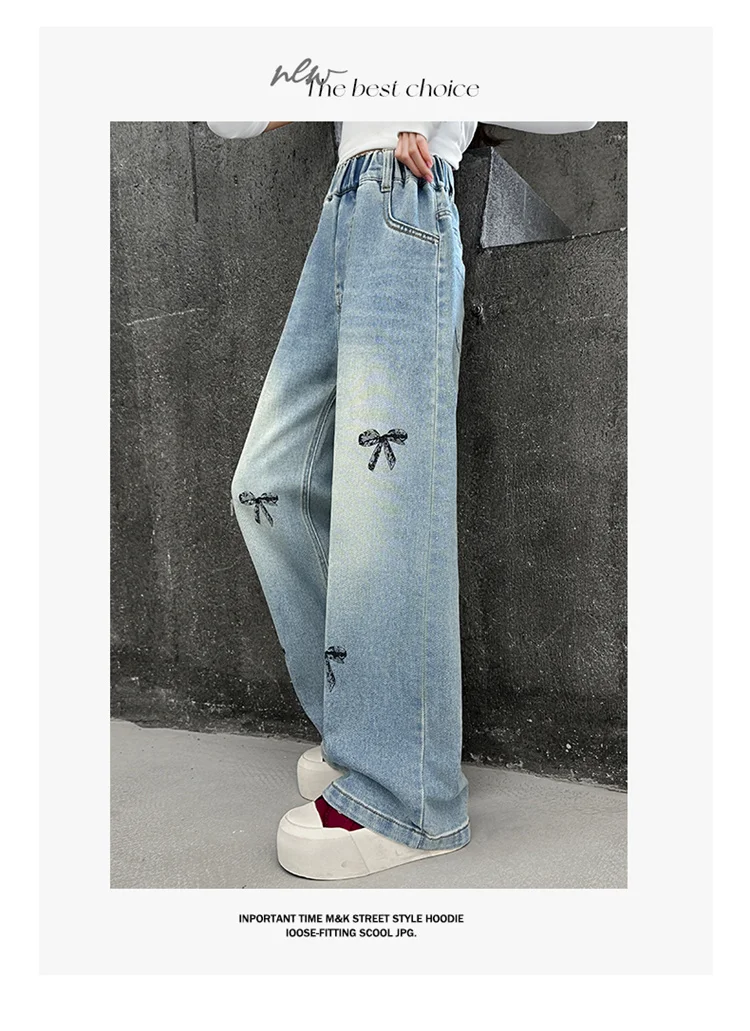 Neue Frühlings- und Herbst-Kinderjeans mit Schleifen für Mädchen, High-Street-Denimhosen mit geradem Schnitt für Teenager, lässige Kinderjeans, Hosen 5-14 Jahre – Detail 5