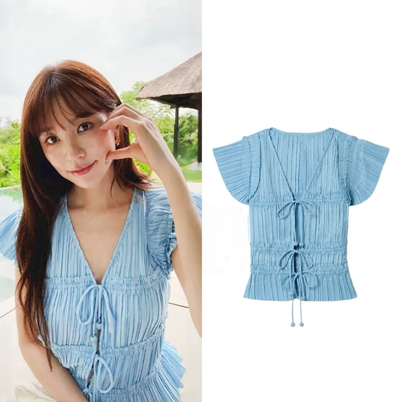

Топ с V-образным вырезом, плиссировкой и завязками, придающий молодежный вид, весна-лето, Inn Hui, короткий рукав, дышащий, приятный к коже.
