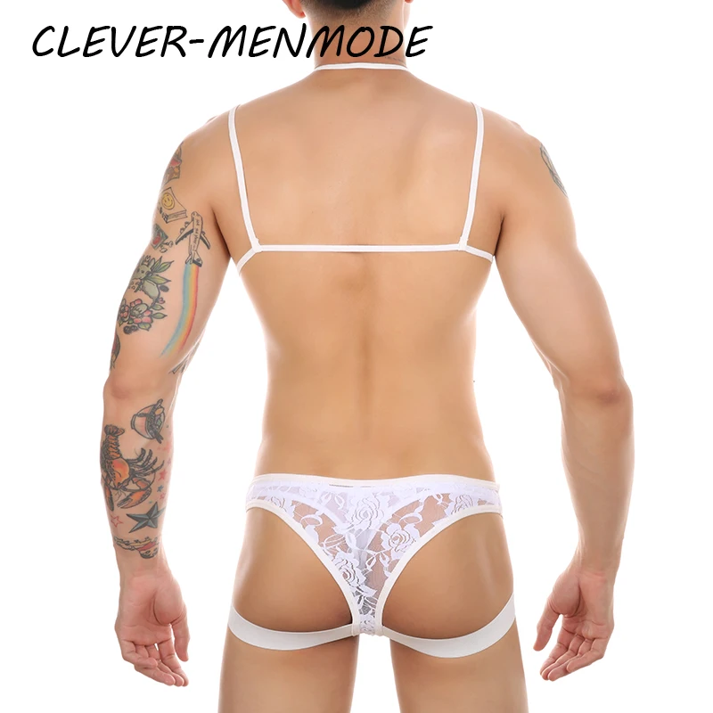 Men\'s Sexy  Underwea Set Mini Lace Transparent Bra Briefs Sex Lingerie Sissy Fetish Bikini Exotic Men Seat Belt BDSM Gay