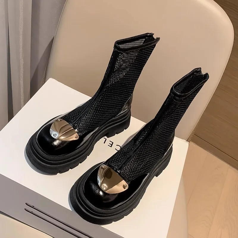 

high Thick-soled breathable mesh boots women spring 2024 new hollowed mesh boots thin-soled platform high-heeled sandals women