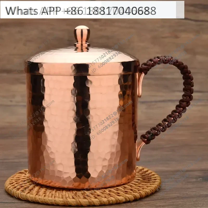 1PC for Pure Handmade Hammer Pattern Thickened Red Copper Water Cup with Lid Drinking Teacup Tea Jar