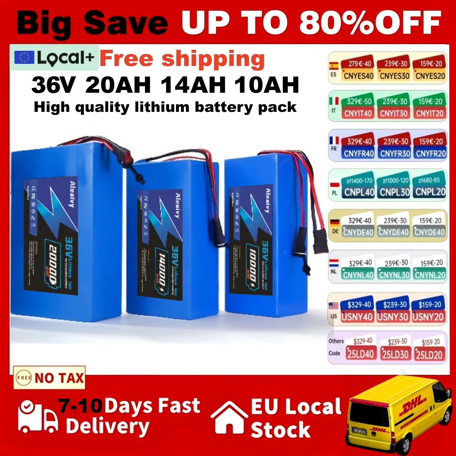 Batteria al Litio Ricaricabile Aleaivy 36V 20Ah 14Ah 10Ah 18650 per Bicicletta Elettrica Modificata 1000W, Scooter e Veicoli con Caricabatterie