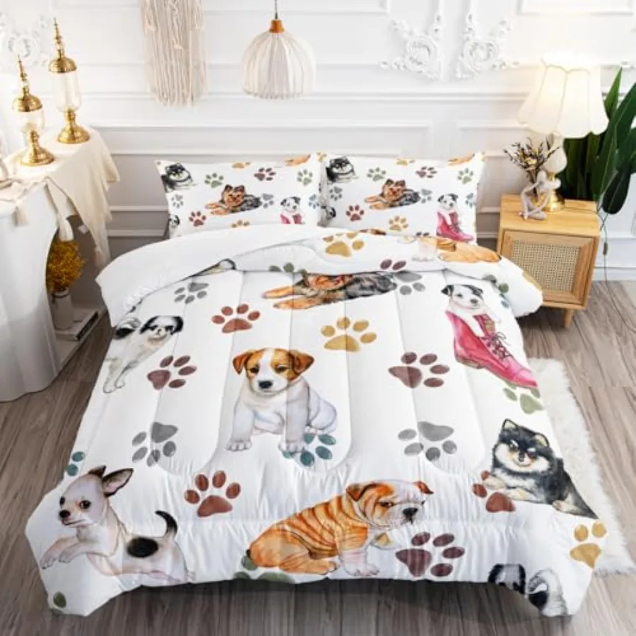 

Милый мультяшный комплект постельного белья с разнообразными собаками и животными, 3 предмета, с ярким принтом лап, для подростков, девочек и мальчиков, декор для кровати C
