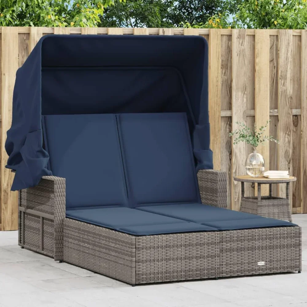 

Outdoor Wicker Double Sun Lounger with Canopy and Navy Blue Cushions, Outdoor Double Chaise Lounge Chair with Folding Canopy