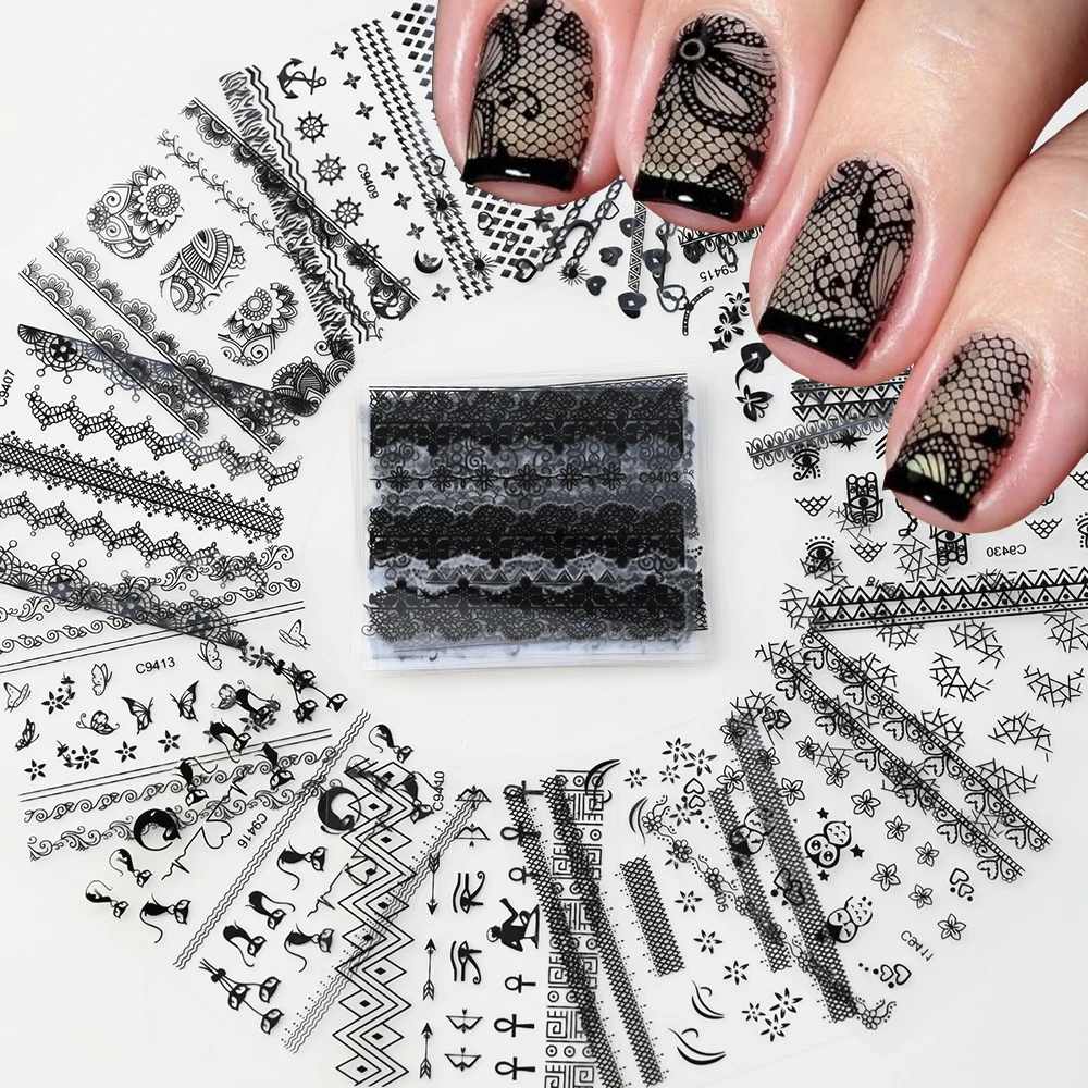 30 teile/satz schwarze Spitze Nagel aufkleber sexy Kätzchen Pinguin süße Tiere Nail Art Aufkleber 6.3*5,3 cm DIY Hochzeit Nagel dekoration