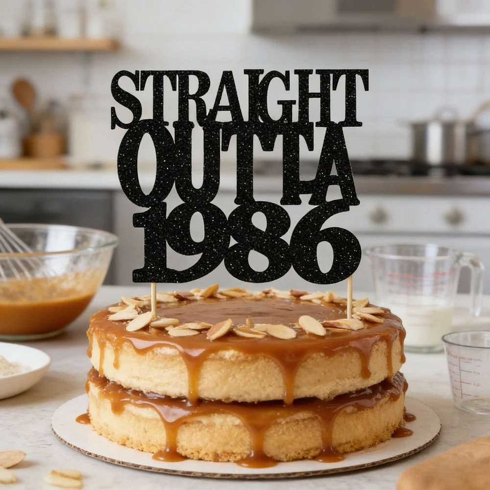 1 Stück STRAIGHT OUTTA 1986 Tortenaufsatz, geeignet für Geburtstagsfeier-Dekorationen, Vintage-Text, Altersmarkierung für – Detail 1