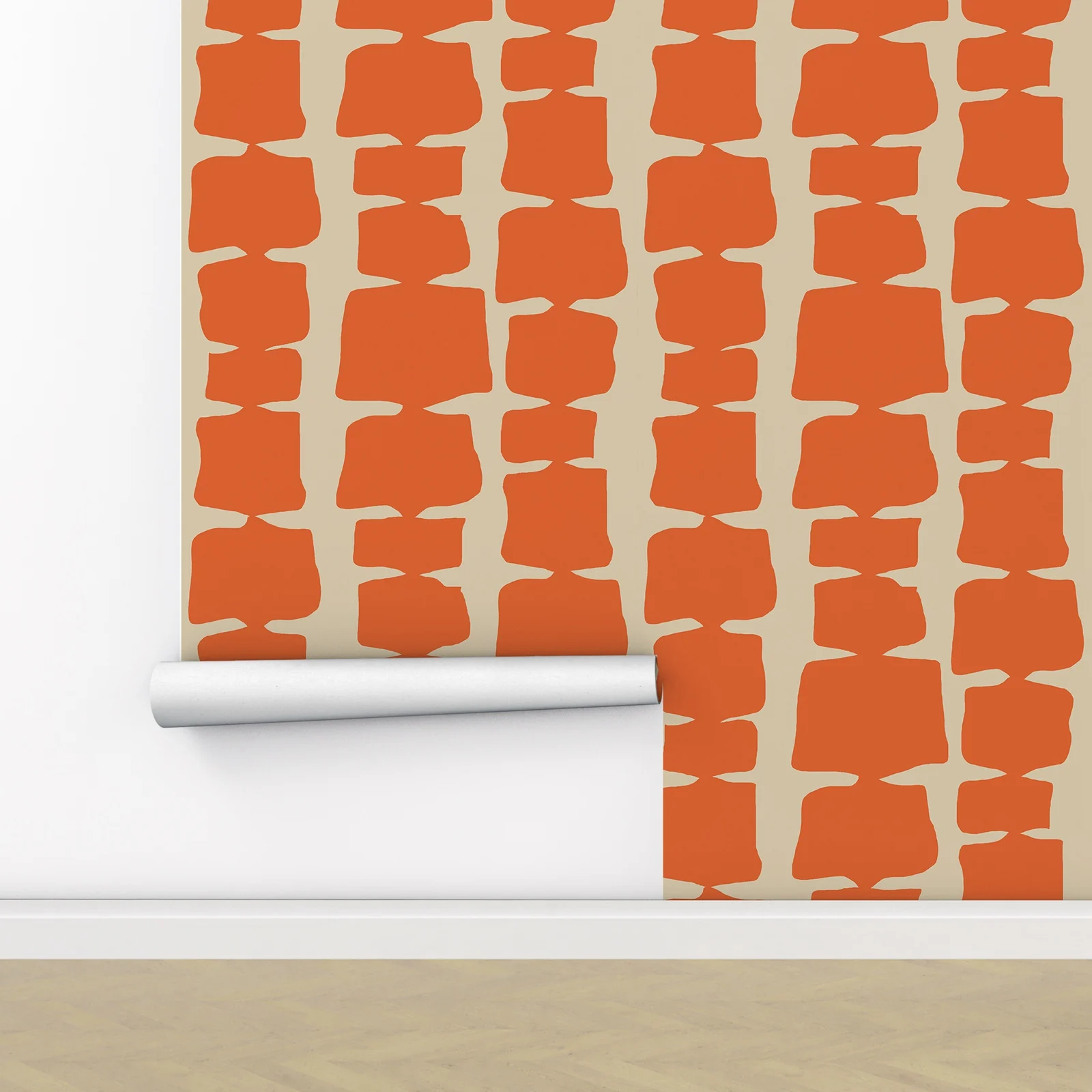 Abstract Orange Shape Wallpaper, Retro Vibe Removable Wall Decal,Cream Background Peel and Stick Wallpaper Roll Wall Art