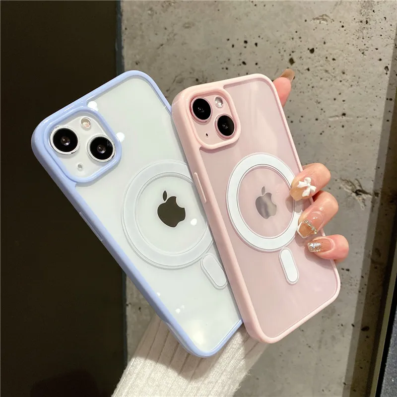 Transparent Acrylic Phone Case For iPhone 11 12 13 14 15 16 Pro Max X XR XS Max 7 8Plus Magnetic Wireless Charging Hard PC Cover