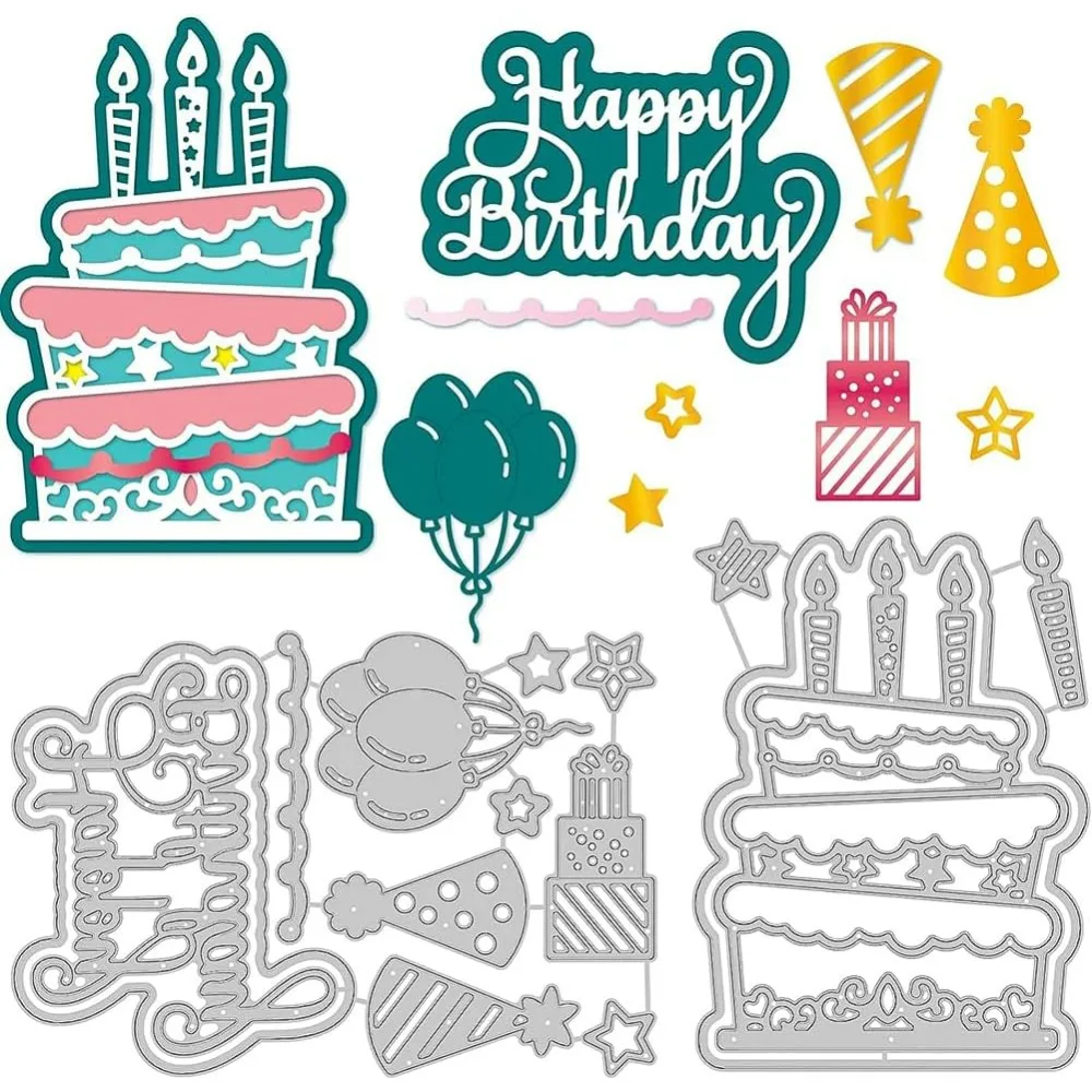 Happy Birthday Theme Die Cuts, Cake Balloon Hat Metal Embossing Stencil for Holiday Card Making Decoration and DIY Scrapbooking