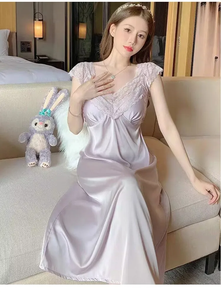 New Nightgown Women Summer Ice Silk Sexy Lace with Breast Sleepwear Spaghetti Strap Midi Nightdress Intimate Lingerie Home Wear