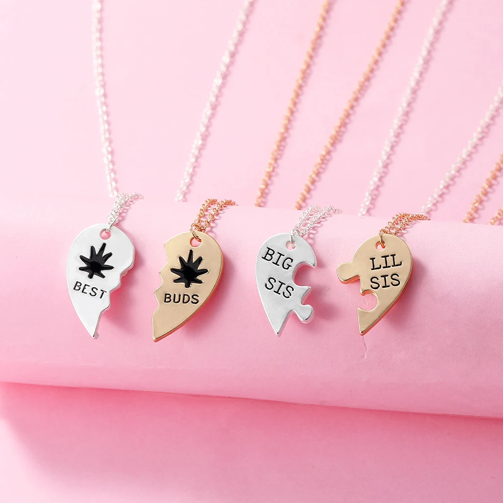 Divertido 2 unids/set niñas diseño dorado y plateado corazón roto mejores amigos brotes collar gran hermana LIL SIS letra colgante