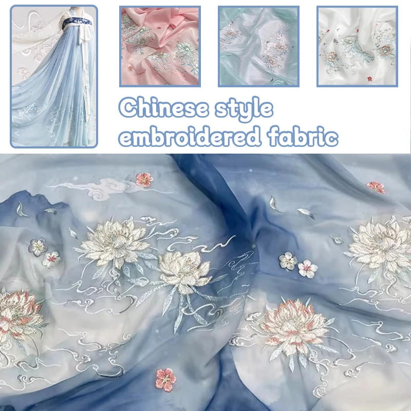 100x150cm Chinese Hanfu Embroidery Fabric Organza Ancient Style Printed Designer Fabric For DIY Hanfu Shirts Doll Clothing