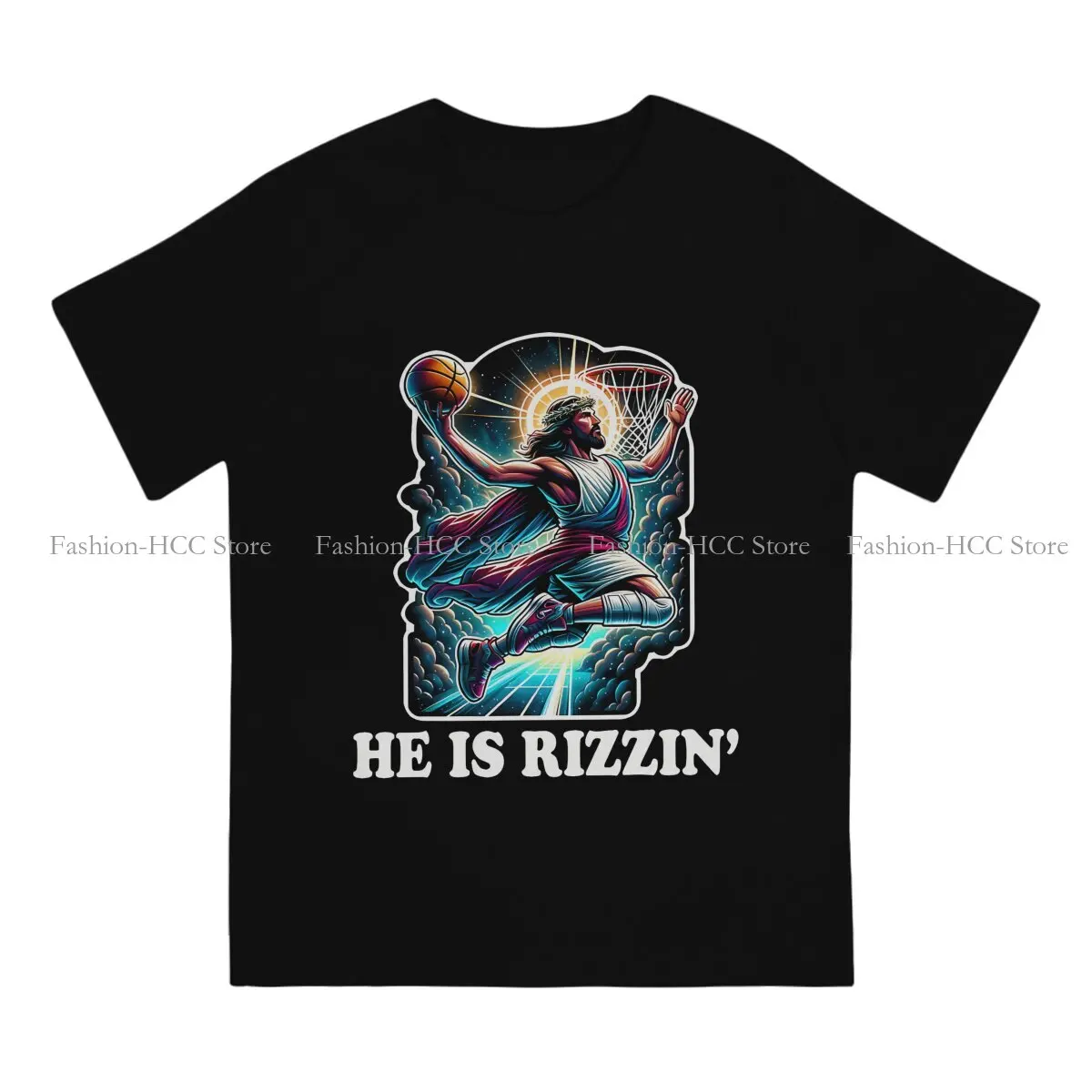 Newest Polyester TShirts He Is Rizzin Meme Jesus Male Graphic Tops T Shirt Round Neck