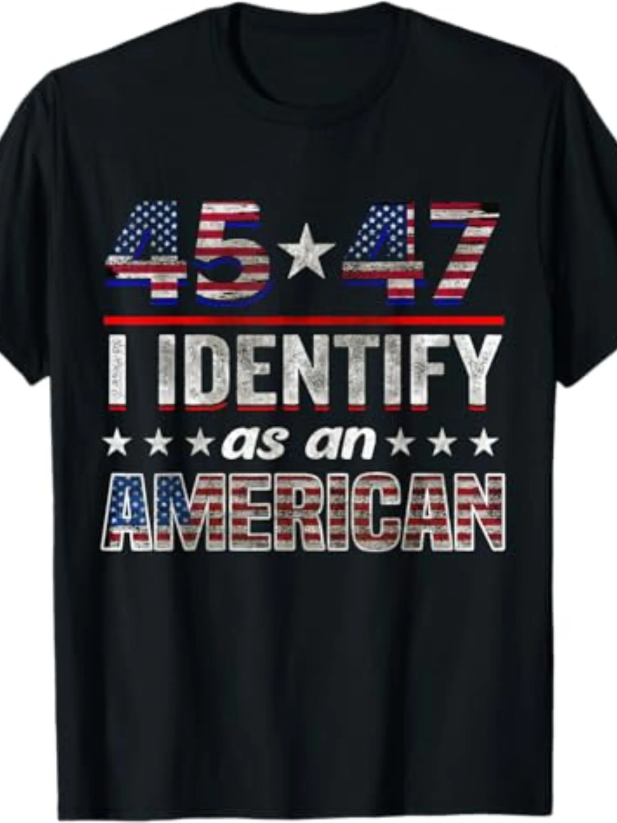 

Men's Patriotic American Flag Print Cotton T-Shirt - "I Identify as an American" Slogan, Black Crew Neck, Slightly Stretchy Fabr