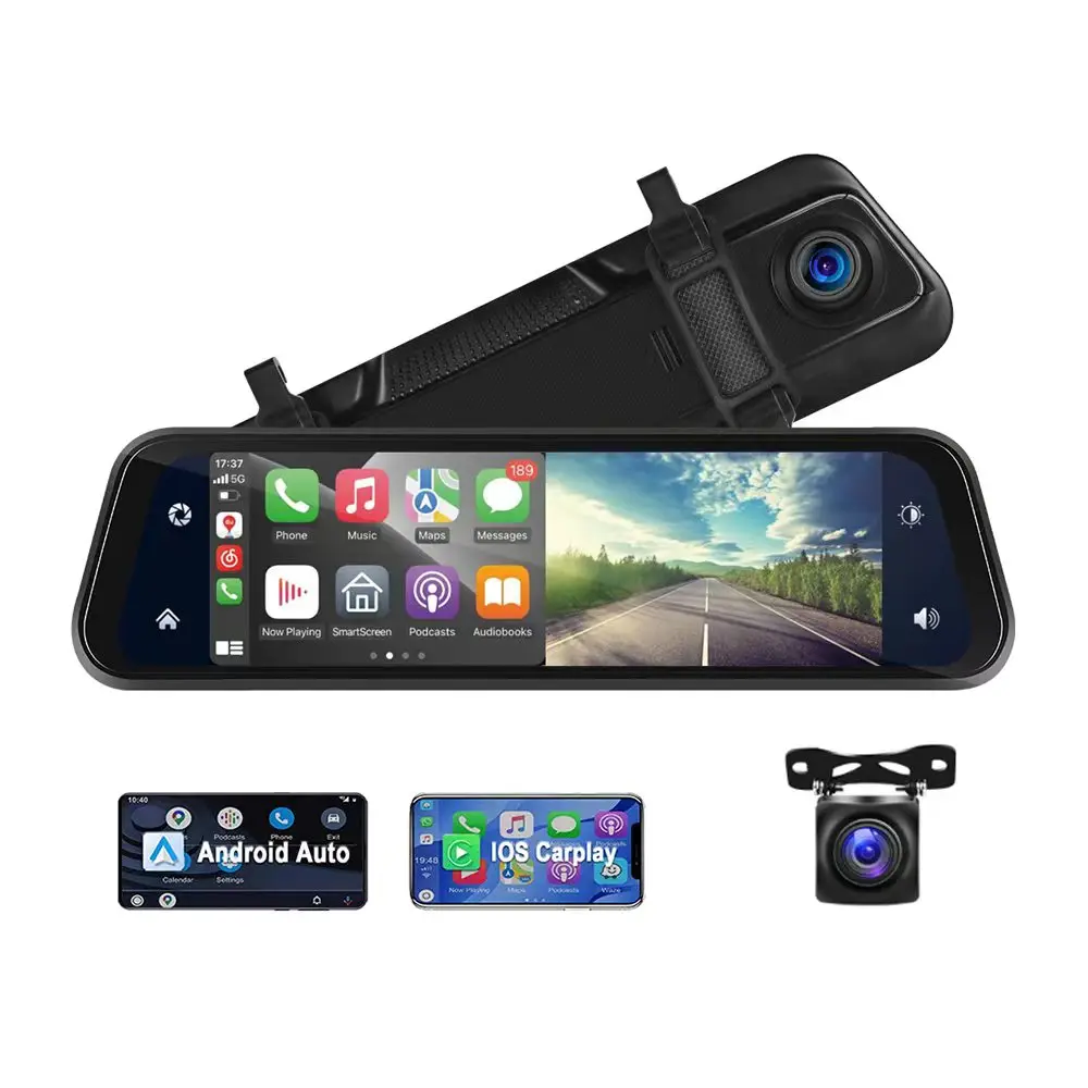 9.66'' IPS Touch Screen Streaming Media Car Mirror DVR Front Rear Dash Cam Wireless Carplay Android Auto