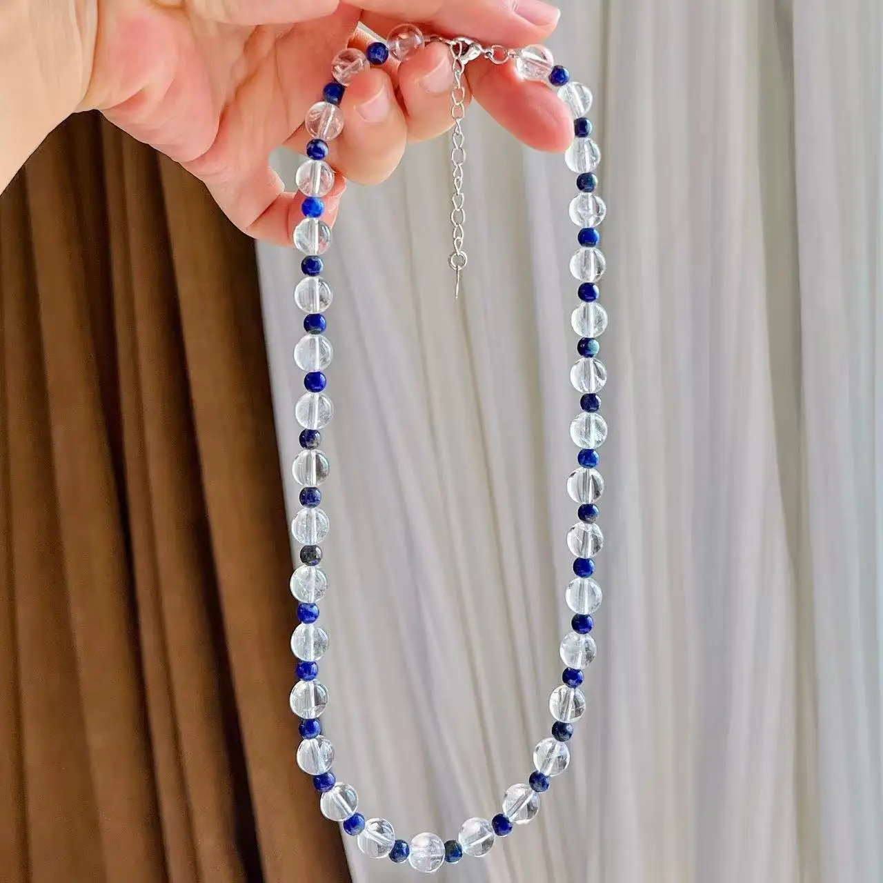 Lapis & Quartz Choker Premium Natural Royal Blue & White Crystal Beads with Clean Designer Finish,Layering Necklace for Her Gift