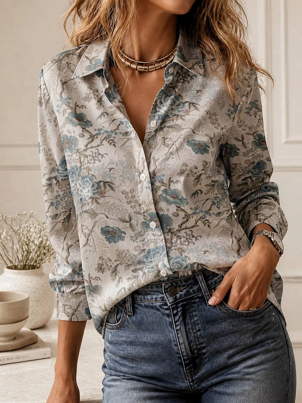 Lightweight Single Breasted Blouse for Women, Long Sleeve Loose Cut Daily Travel Leisure Basic Shirts view 5
